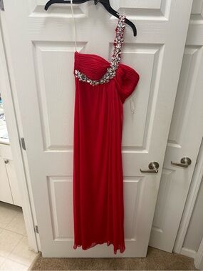 Red One-Shoulder Jeweled Evening Gown